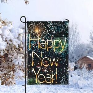 Happy New Year Garden Flag - Double-Sided, Waterproof Burlap, NEW,